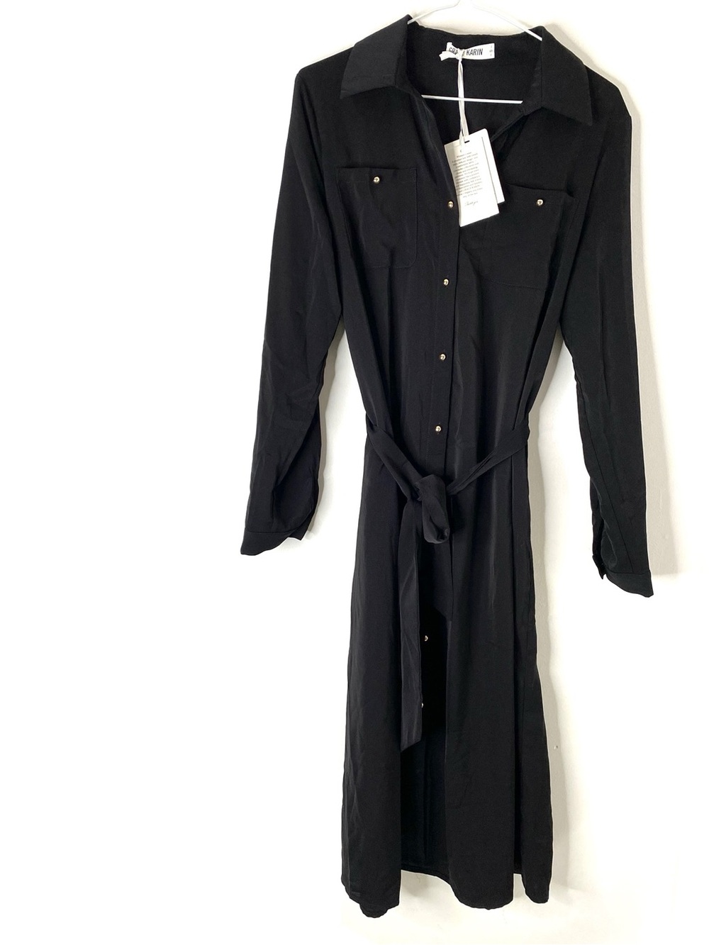 Grace Karin Black Long Sleeve Button Front Midi Dress Tie Waist Convertible NWT